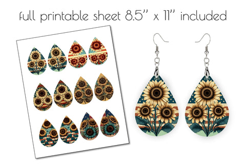 Patriotic Teardrop Earring Sublimation Sunflower USA Sublimation OrangeBrushStudio 