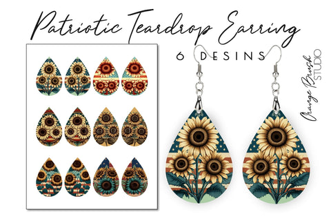 Patriotic Teardrop Earring Sublimation Sunflower USA Sublimation OrangeBrushStudio 