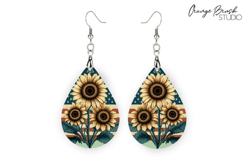 Patriotic Teardrop Earring Sublimation Sunflower USA Sublimation OrangeBrushStudio 