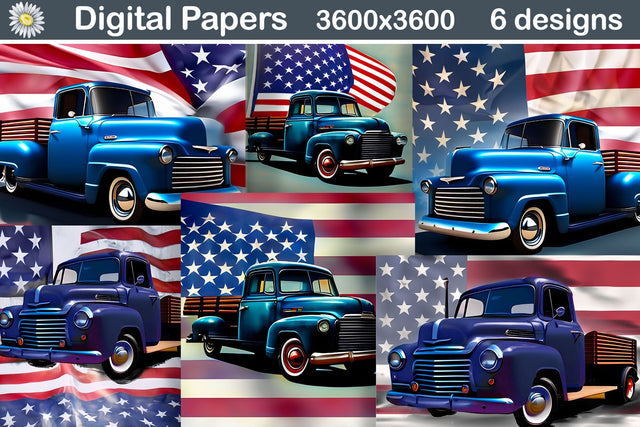 Patriotic Truck Illustration | American Flag Digital paper Digital Pattern WatercolorColorDream 