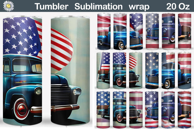 Patriotick Truck Tumbler Bundle | American Flag Tumbler Wrap Sublimation WatercolorColorDream 