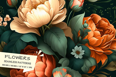 pattern with flowers and leaves, pattern with red and yellow flowers Digital Pattern FloridPrintables 