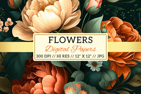 pattern with flowers and leaves, pattern with red and yellow flowers Digital Pattern FloridPrintables 