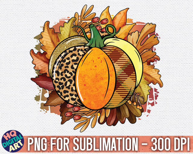Patterned Pumpkin on leaves background | Fall Sublimation PNG Sublimation HQDigitalArt 