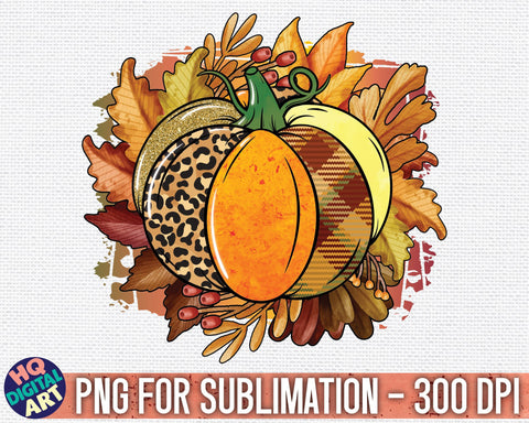 Patterned Pumpkin on leaves background | Fall Sublimation PNG Sublimation HQDigitalArt 
