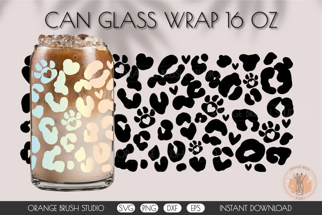 Paw Print Beer Can Glass Wrap 16 Oz Leopard Print SVG OrangeBrushStudio 