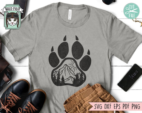 Paw Print SVG, Mountain Scene SVG, Adventure SVG, Forest Trees svg, Camping svg, Hiking svg, Outdoors svg, Explorer svg, Paw Print Clipart SVG Wild Pilot 