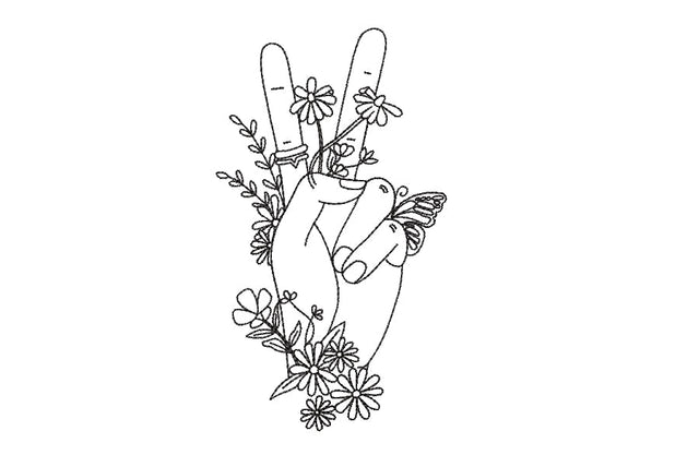 Peace fingers sign with flowers Machine Embroidery Design ,One Line Art embroidery design, 4 sizes , instant download Embroidery/Applique DESIGNS ArtEMByNatalia 