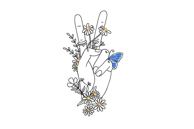 Peace fingers sign with flowers Machine Embroidery Design ,One Line Art embroidery design, 4 sizes , instant download Inactive Embroidery/Applique DESIGNS ArtEMByNatalia 