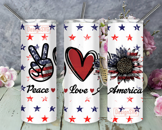 Peace Love America 20oz Skinny Tumbler, American Flag Tumbler Template, Star and Stripes Design Png, Patriotic Sunflower Leopard Tumbler Png, Love America Sublimation Design, Digital Download Sublimation DesignSVG 