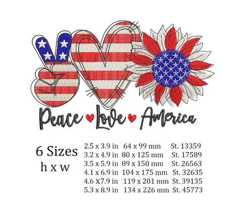 Peace Love America, sunflower design, USA design, Patriotic America, July 4th Independence Day. Embroidery/Applique DESIGNS ArtEMByNatalia 