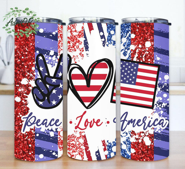 Peace Love America Tumbler Design, 4th of July 20oz Skinny Tumbler, American Flag Design Png, Patriotic Tumbler Png, Memory Day Tumbler With Lid And Straw, Instant Download Sublimation AdriOP 