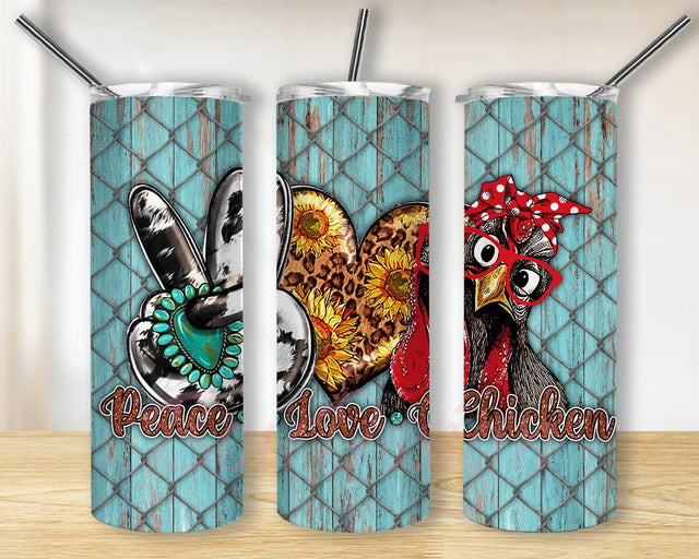 Peace Love Chicken 20oz Skinny Tumbler Png, Farm Animals Tumbler Png, Farm Animals, Heart Leopard Sunflower Tumbler Png Sublimation BouDesign 