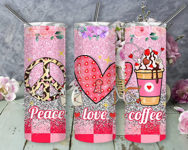 Peace Love Coffee Tumbler Png, Valentine 20oz Skinny Tumbler, Valentine Glitter Tumbler Wrap, Valentine Coffee Design Png, Valentine Day Gift, Instant Download Sublimation DesignSVG 