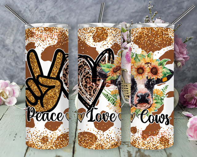 Peace Love Cows 20oz Skinny Tumbler Png, Leopard Heart Tumbler, Gold Glitter Hand Tumbler, Floral Cow Tumbler, Heifer Designs Sublimation DesignSVG 