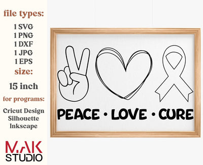 Peace love cure svg, Awareness ribbon svg, Cancer ribbon svg, Cancer svg, Breast cancer svg, Peace love cure jpg, Peace love svg SVG MAKStudion 