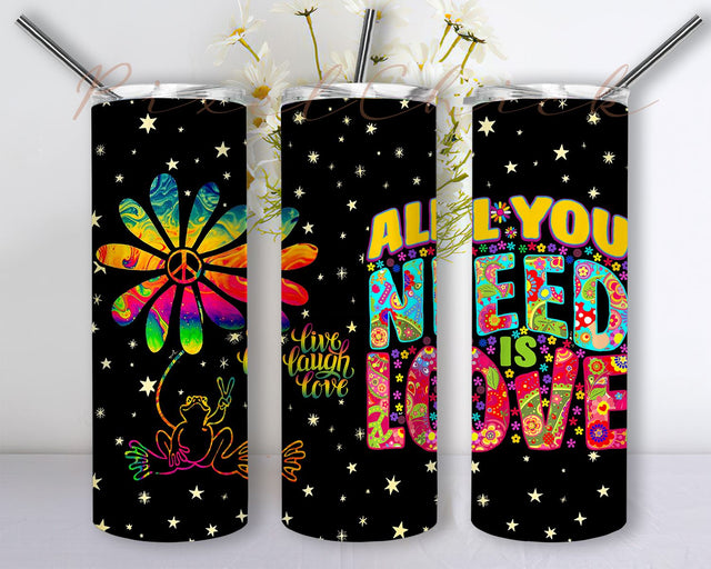 Peace Love Frog Hippie Flower All You Need Is Love Hippie Sublimation Designs Downloads, Skinny Tumbler 20oz Design Download PNG Sublimation PixelChick 