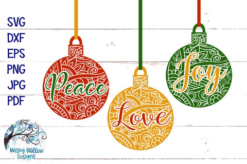 Peace Love Joy Mandala Christmas Ornament SVG SVG Wispy Willow Designs 