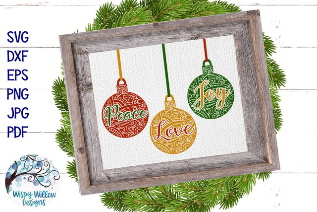 Peace Love Joy Mandala Christmas Ornament SVG SVG Wispy Willow Designs 