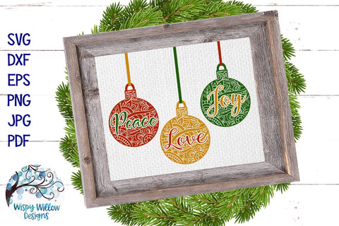 Peace Love Joy Mandala Christmas Ornament SVG SVG Wispy Willow Designs 