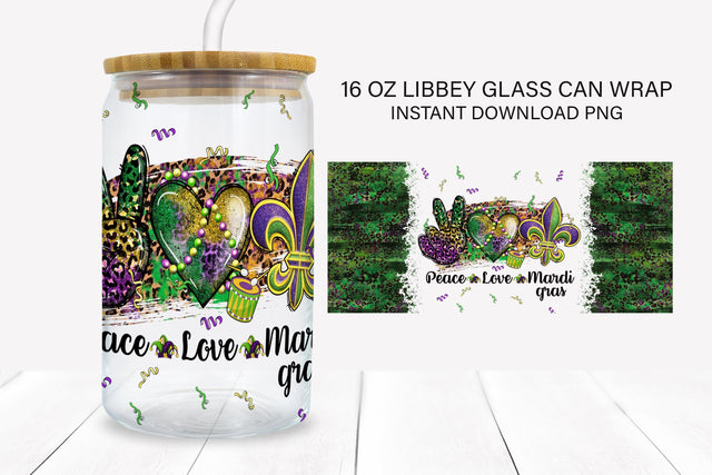 Peace Love Mardi Gras Glass Coffee Cup Sublimation PNG Sublimation BijouBay 