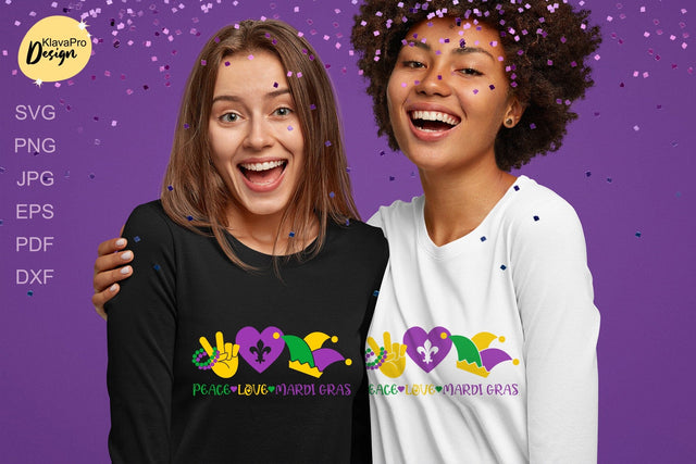 Peace Love Mardi Gras Svg. Peace Sign, Heart, Jester hat SVG Klava P 