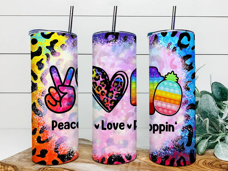 Peace Love Poppin Leopard Tie-dye 20 oz Skinny Tumbler Straight and Warped Design Digital Download PNG Sublimation iStyleDesign 
