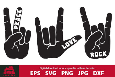 Peace Love Rock Hand Gestures - Rock Quote SVG Cutting File & Clipart SVG Bow Wow Creative 