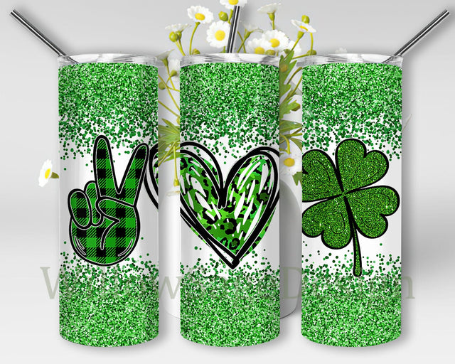Peace Love Shamrocks Tumbler Png, Lucky 20oz Skinny Tumbler, St.Patrick's Day Tumbler Design, Green Glitter Tumbler Wrap, Love Irish Tumbler Template, Instant Download Sublimation WillowSageDesign 