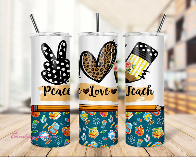 Peace Love Teach Back to School 20oz Skinny Sublimation Designs Tumbler for Straight/Tapered PNG File Digital Download Sublimation TrendingDesign 