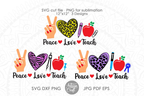 Peace Love Teach SVG with leopard print heart Sublimation Artisan Craft SVG 