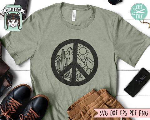 Peace Sign SVG, Cactus SVG, Desert Scene SVG, Cactus Scene svg, Mountain Scene svg, Peace Sign Clipart, Boho svg, Cactus png, Cactus Clipart SVG Wild Pilot 