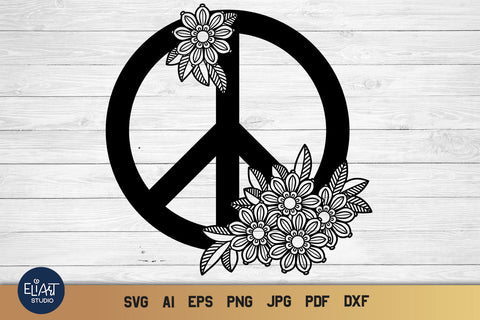 Peace Sign SVG Design, Floral Peace Symbol PNG with Flowers, Zentangle Peace Sign SVG Elinorka 