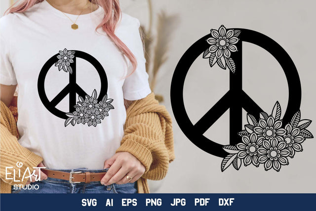 Peace Sign SVG Design, Floral Peace Symbol PNG with Flowers, Zentangle Peace Sign SVG Elinorka 