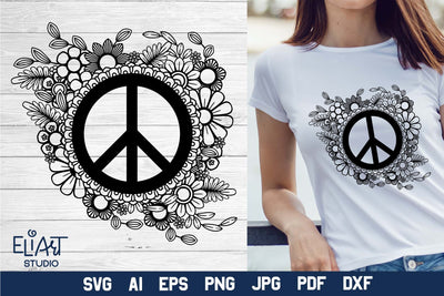 Peace Sign SVG Design, Floral Peace Symbol PNG with Flowers, Zentangle Peace Sign SVG Elinorka 