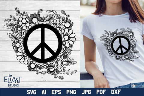 Peace Sign SVG Design, Floral Peace Symbol PNG with Flowers, Zentangle Peace Sign SVG Elinorka 