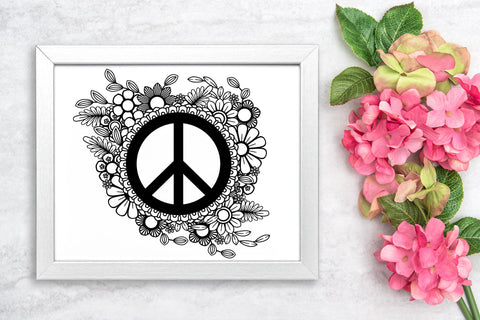 Peace Sign SVG Design, Floral Peace Symbol PNG with Flowers, Zentangle Peace Sign SVG Elinorka 