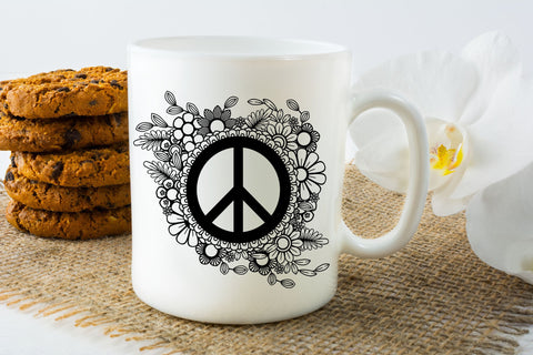 Peace Sign SVG Design, Floral Peace Symbol PNG with Flowers, Zentangle Peace Sign SVG Elinorka 