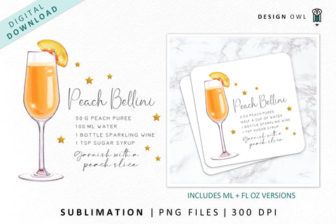 Peach Bellini Cocktail Recipe Sublimation File Sublimation Design Owl 