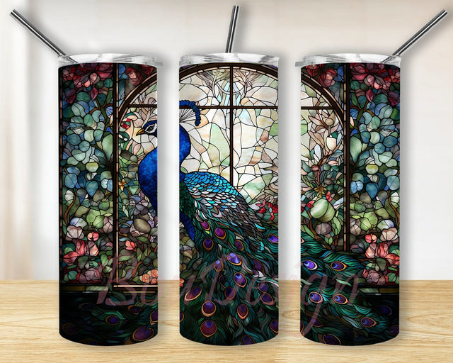 Peacock 20oz Skinny Tumbler Png, Beautiful Peacock Framed With Plants And Flowers Tumbler, Peacock Animal Tumbler, Peacock Lovers, Peacock Sublimation Png Sublimation BouDesign 