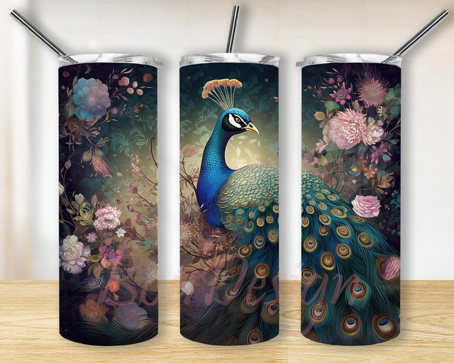 Peacock 20oz Skinny Tumbler Png, Beautiful Peacock Framed With Plants And Flowers Tumbler, Peacock Animal Tumbler, Peacock Lovers, Peacock Sublimation Png Sublimation BouDesign 