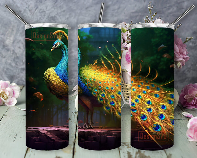 Peacock 20oz Skinny Tumbler Png, Beautiful Peacock Framed With Plants And Flowers Tumbler, Peacock Animal Tumbler, Peacock Lovers, Peacock Sublimation Png Sublimation DesignSVG 