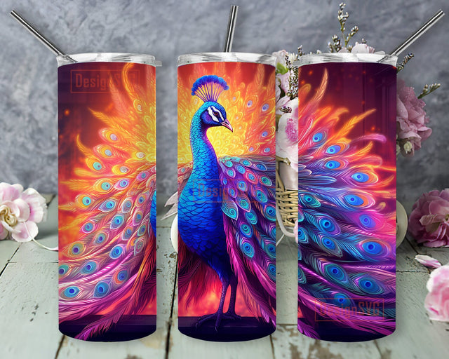Peacock 20oz Skinny Tumbler Png, Beautiful Peacock Framed With Plants And Flowers Tumbler, Peacock Animal Tumbler, Peacock Lovers, Peacock Sublimation Png Sublimation DesignSVG 