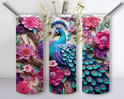 Peacock With Flowers 20oz Skinny Tumbler Sublimation Design, Watercolor Cute Peacock Tumbler, Peacock Tumbler Wrap Designs, Digital Download Sublimation PixelChick 