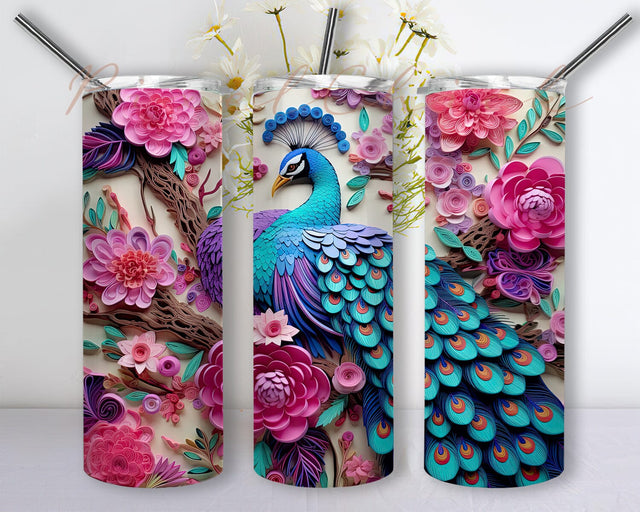 Peacock With Flowers 20oz Skinny Tumbler Sublimation Design, Watercolor Cute Peacock Tumbler, Peacock Tumbler Wrap Designs, Digital Download Sublimation PixelChick 