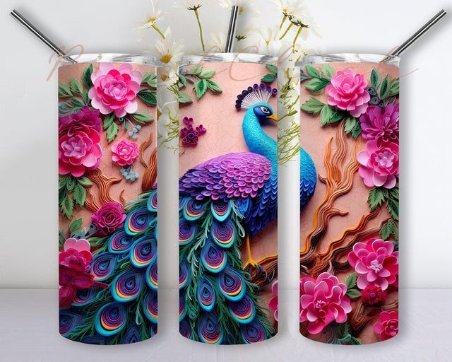 Peacock With Flowers 20oz Skinny Tumbler Sublimation Design, Watercolor Cute Peacock Tumbler, Peacock Tumbler Wrap Designs, Digital Download Sublimation PixelChick 