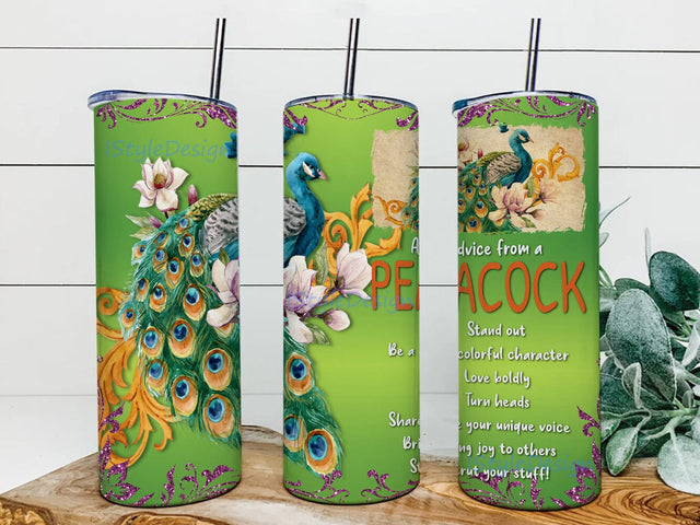 Peafowl 20oz Skinny Tumbler Png, Colorful Flower Floral Peafowl Animal Tumbler, Embroidered Peafowl Flower Tumbler, Peafowl Gift Sublimation iStyleDesign 