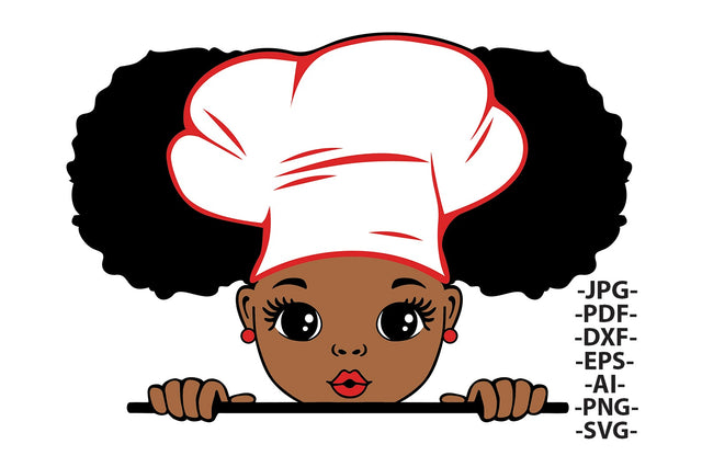 Peekaboo Girl Cook Svg, Black Girl Cooker, Cooking Hat, Afro Girl Svg, Sweety Girl Svg, Puff Hair, Red lips, Little Cute Girl, Svg Cut Files SVG 1uniqueminute 