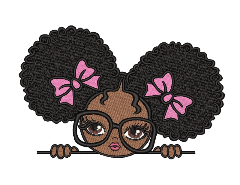 Peekaboo Girl with Puff Afro Ponytails Embroidery Design, Black African ...