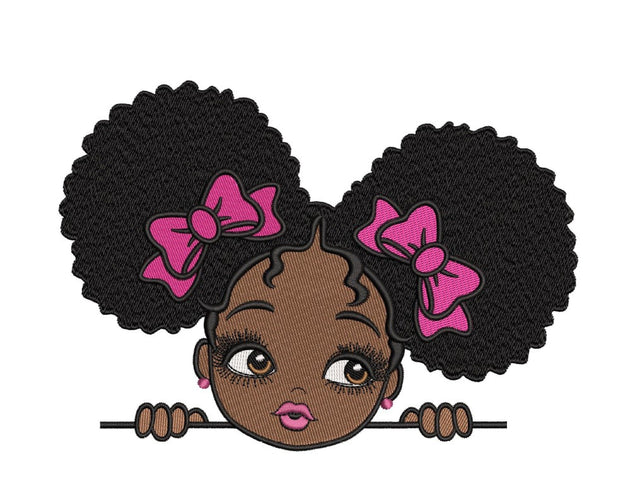 Peekaboo girl with puff afro ponytails embroidery design, Cute black African American kids embroidery, 3 sizes, Instant download Embroidery/Applique DESIGNS Nino Nadaraia 